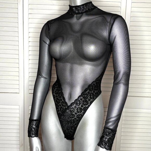 Vtg 90s Shirley of Hollywood Black Sheer Mesh Lace Teddy Bodysuit Long Sleeve S - Picture 5 of 8